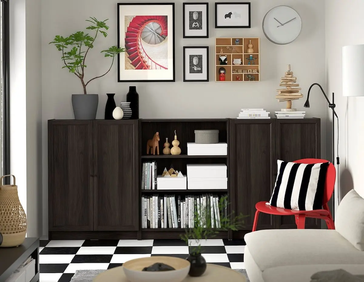 Bibliotecă Ikea Billy/Oxberg usi/rafturi deschise 240x30x106 (Maro inchis Aspect Stejar)