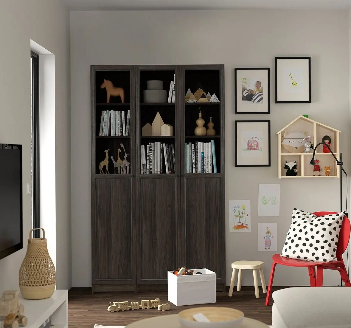 Bibliotecă Ikea Billy/Oxberg usi panou-sticla 120x30x202 (Maro inchis Aspect Stejar)