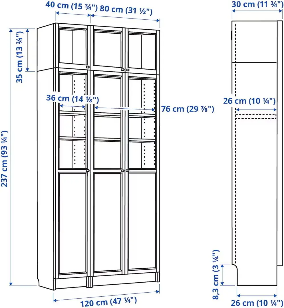 Bibliotecă Ikea Billy/Oxberg usi panou-sticla/usi sticla/unitate suplimentara 120x30x237 (Aspect Stejar)