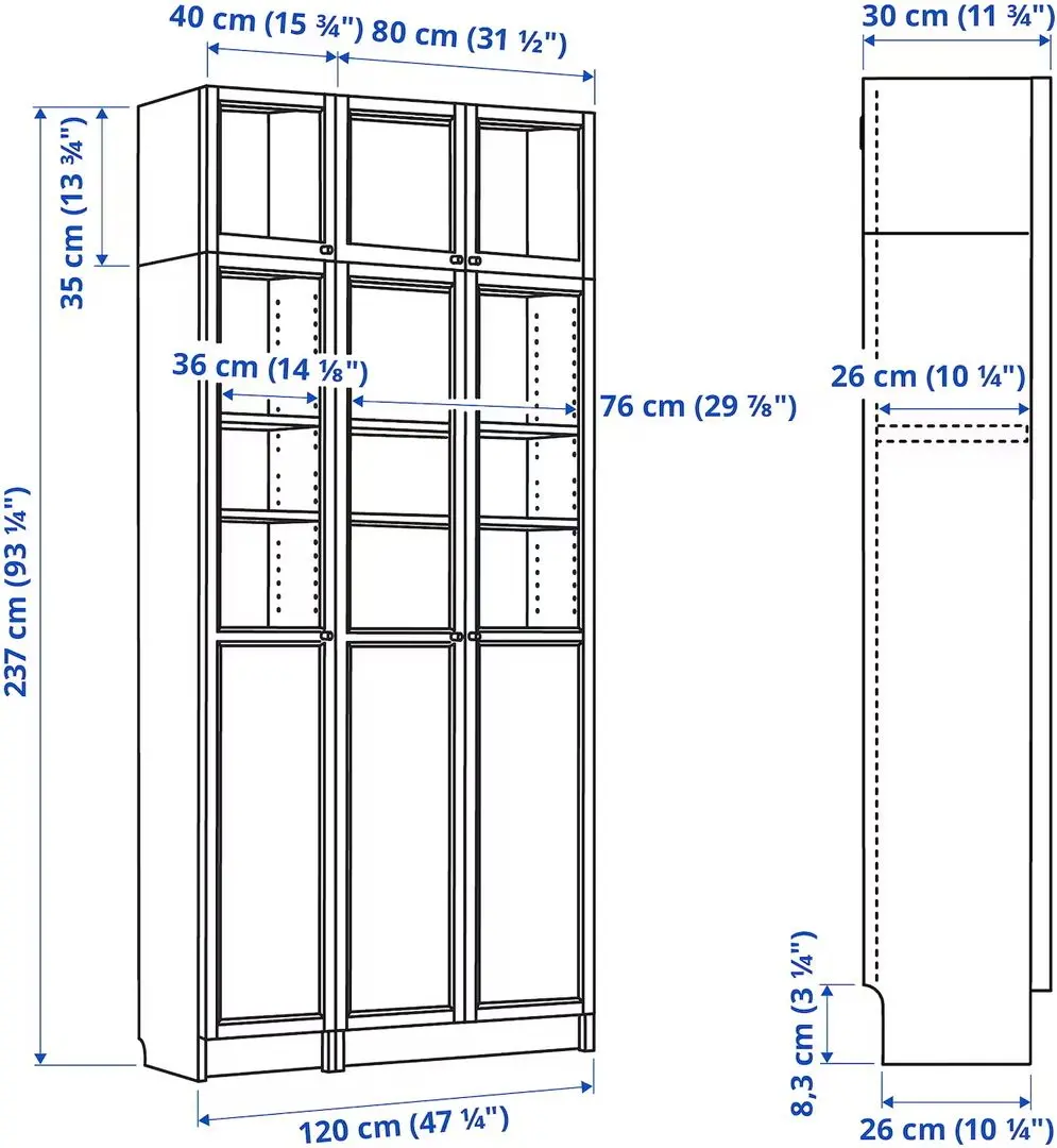 Bibliotecă Ikea Billy/Oxberg usi panou-sticla/usi sticla/unitate suplimentara 120x30x237 (Maro inchis Aspect Stejar)
