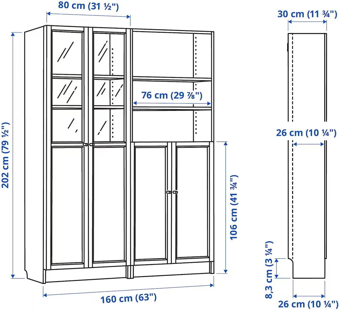 Bibliotecă Ikea Billy/Oxberg panou/usi panou-sticla/rafturi deschise 160x30x202 (Aspect Stejar)