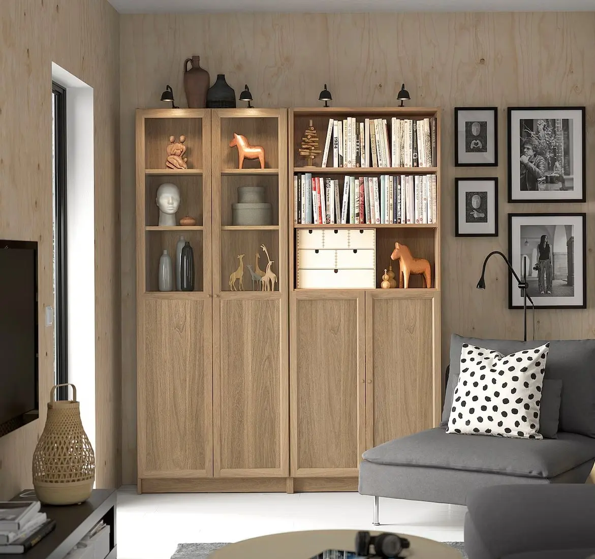Bibliotecă Ikea Billy/Oxberg panou/usi panou-sticla/rafturi deschise 160x30x202 (Aspect Stejar)