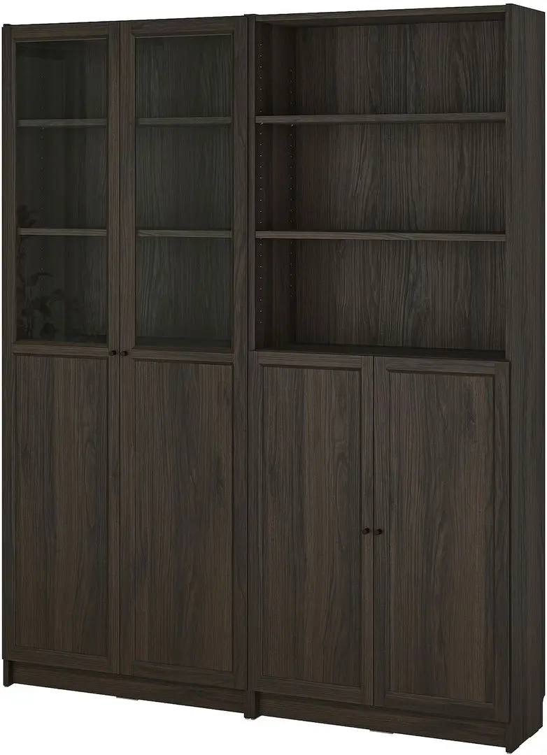 Bibliotecă Ikea Billy/Oxberg panou/usi panou-sticla/rafturi deschise 160x30x202 (Maro inchis Aspect Stejar)