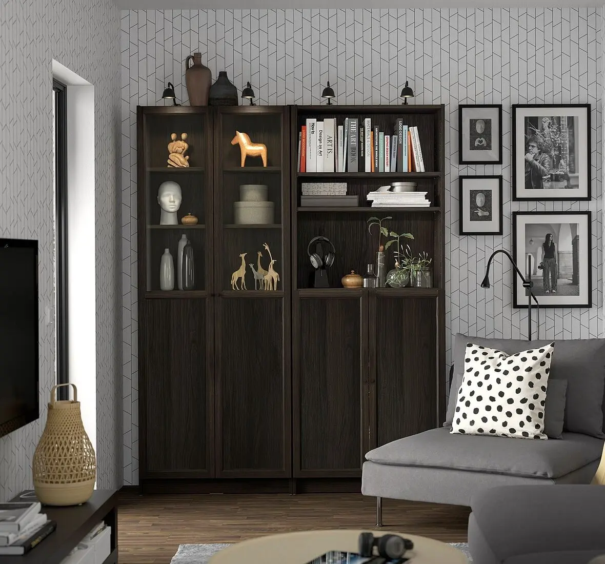 Bibliotecă Ikea Billy/Oxberg panou/usi panou-sticla/rafturi deschise 160x30x202 (Maro inchis Aspect Stejar)