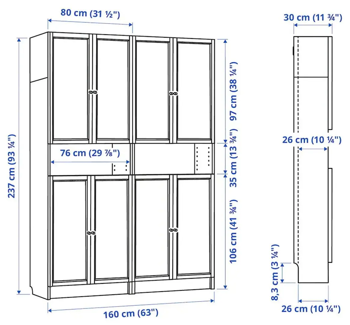 Biblioteca Ikea Billy/Oxberg extensie înaltă/uşi 160x30x237 (Alb)