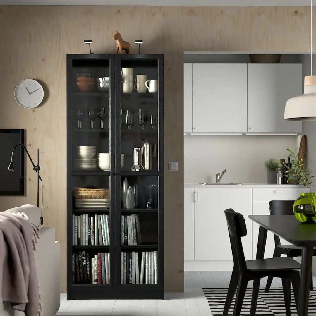 Biblioteca Ikea Billy/Oxberg usi sticla 80x30x202 (Negru Aspect Stejar)