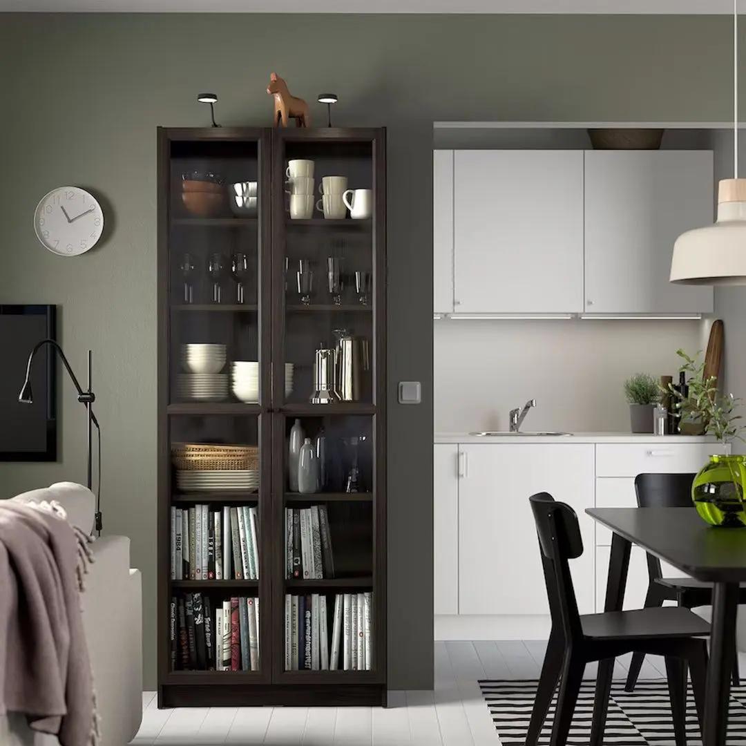 Biblioteca Ikea Billy/Oxberg usi sticla 80x30x202 (Maro Inchis Aspect Stejar)