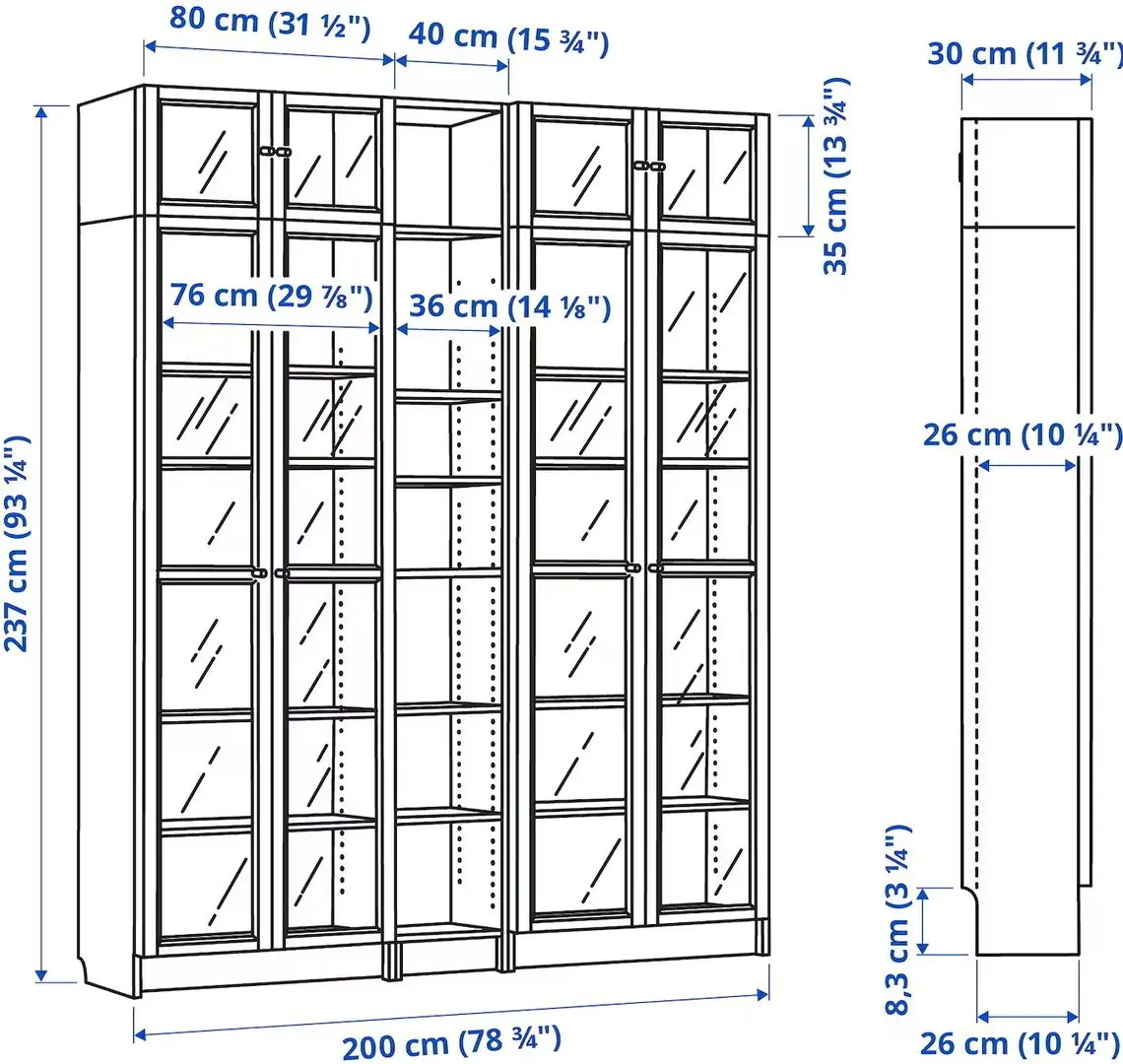 Bibliotecă Ikea Billy/Oxberg usi sticla/unitate suplimentara 200x30x237 (Aspect Stejar)