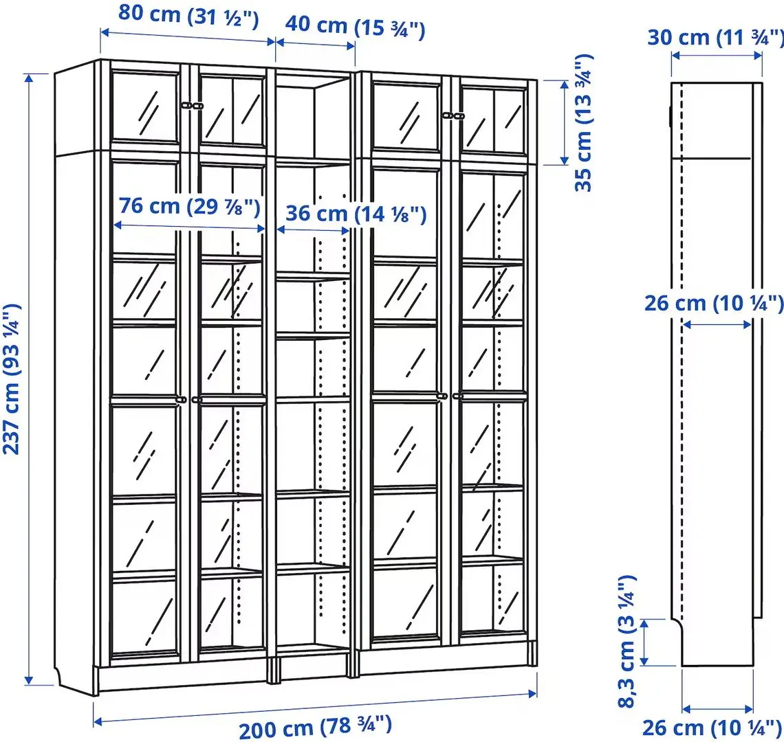 Bibliotecă Ikea Billy/Oxberg usi sticla/unitate suplimentara 200x30x237 (Maro inchis Aspect Stejar)