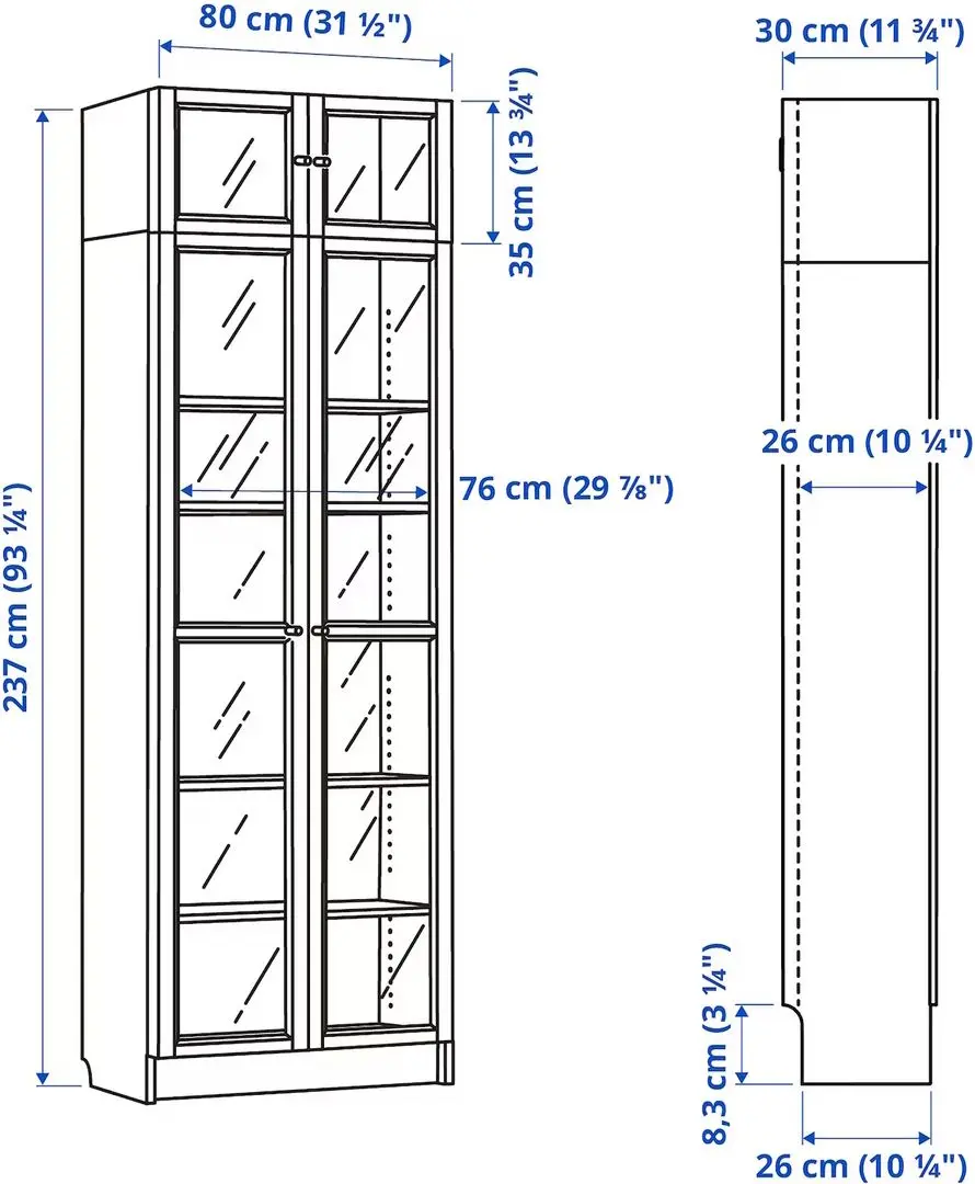 Bibliotecă Ikea Billy/Oxberg usi sticla/unitate suplimentara 80x30x237 (Aspect Stejar)