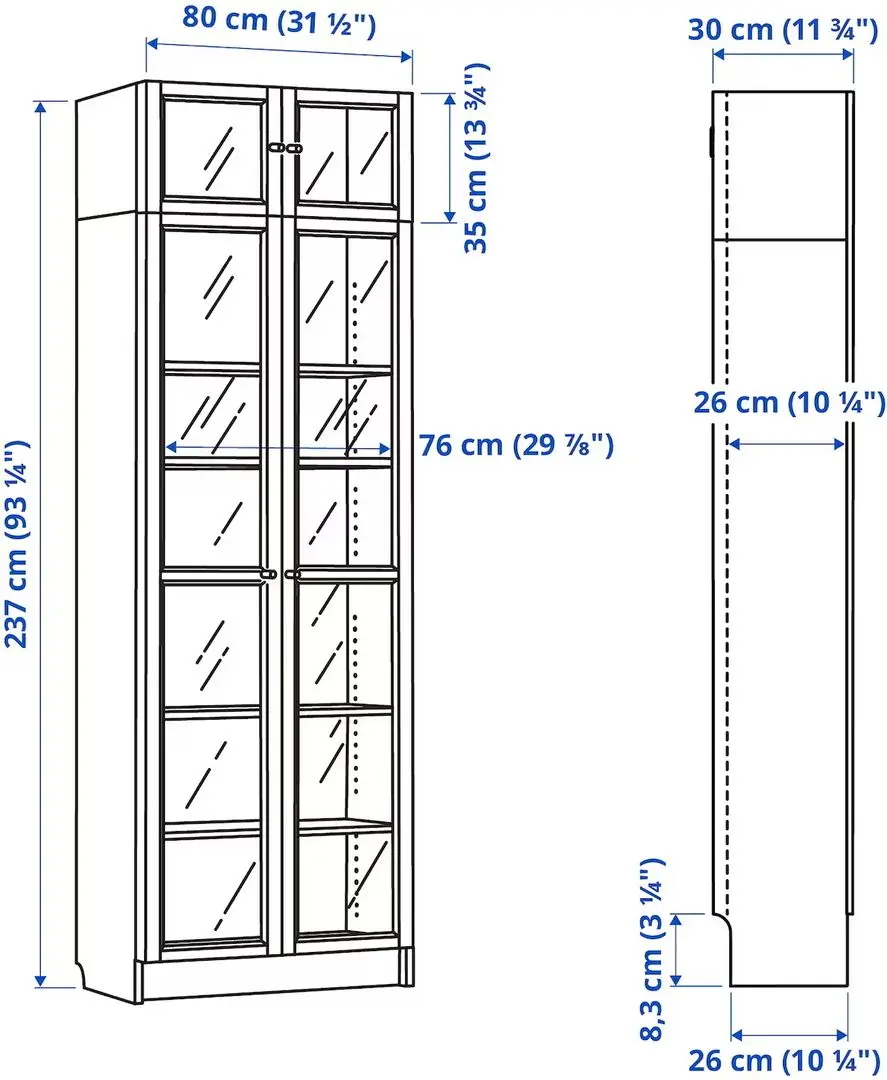 Bibliotecă Ikea Billy/Oxberg usi sticla/unitate suplimentara 80x30x237 (Maro inchis Aspect Stejar)
