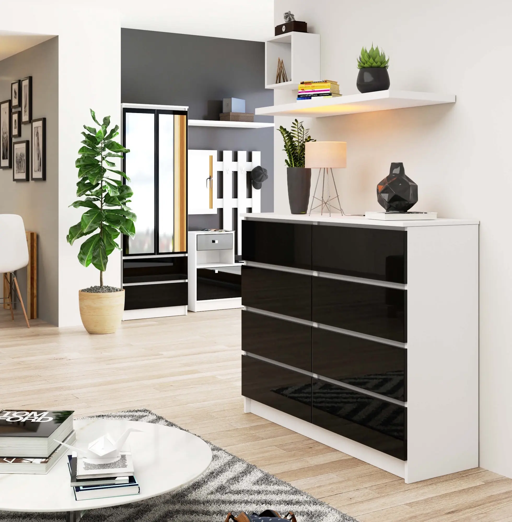 Comoda Akord K120 8SZ (White/Black Gloss)