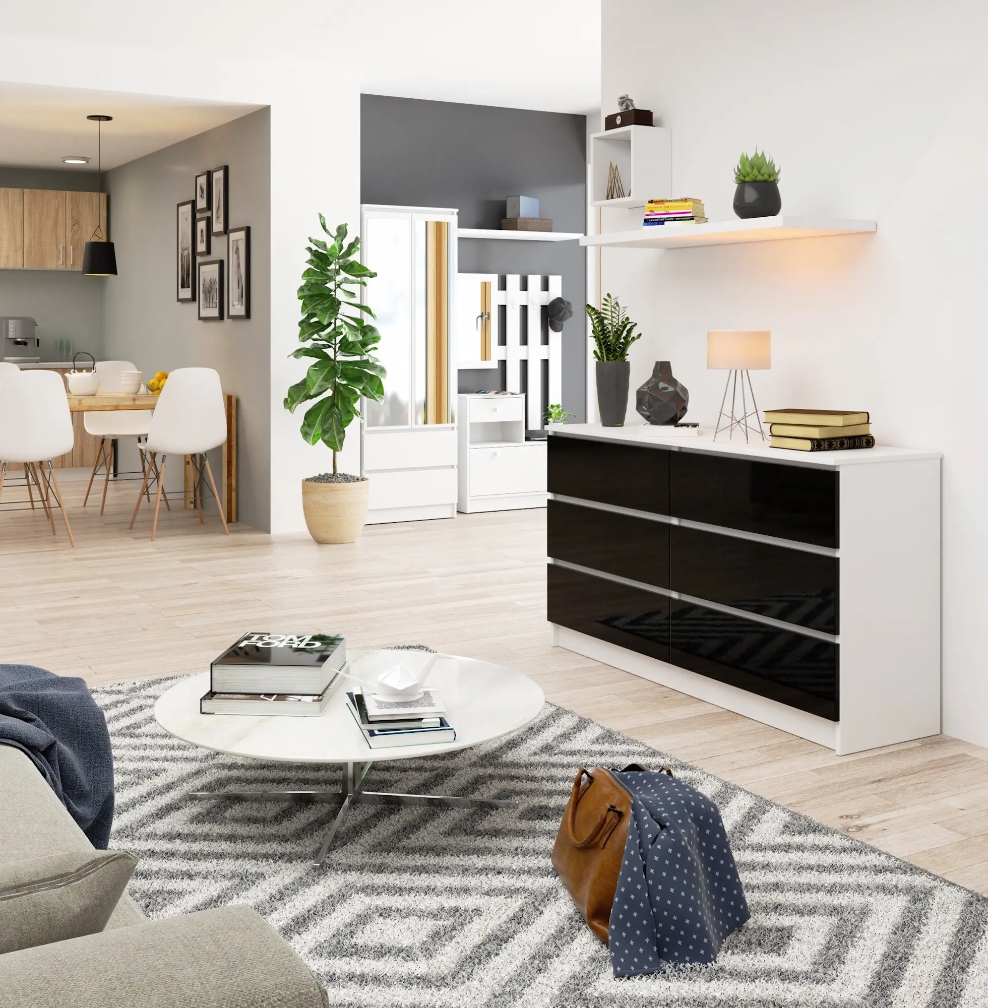 Comoda Akord K140 6SZ (White/Black Gloss)