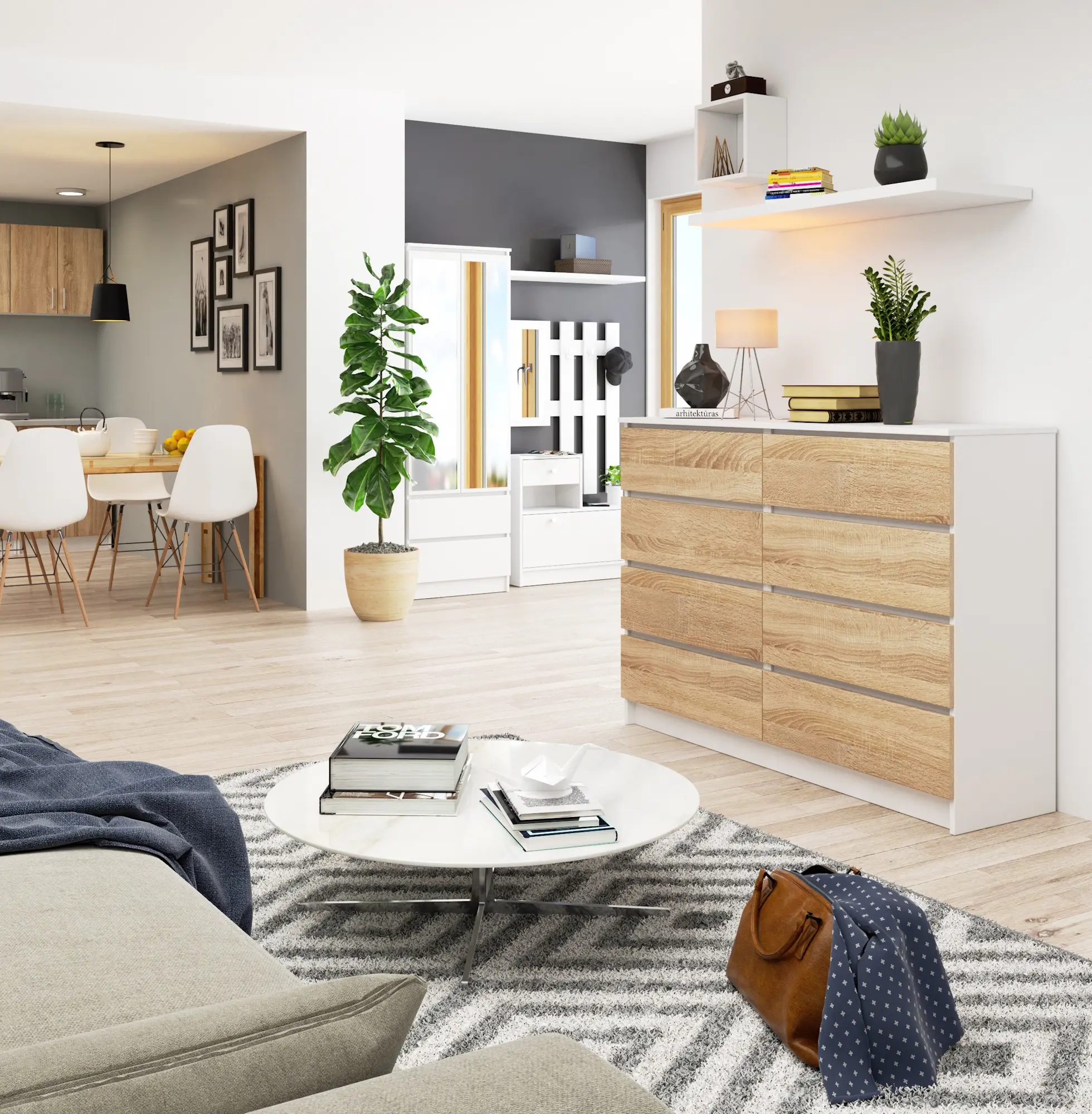 Comoda Akord K140 8SZ (White/Sonoma Oak)