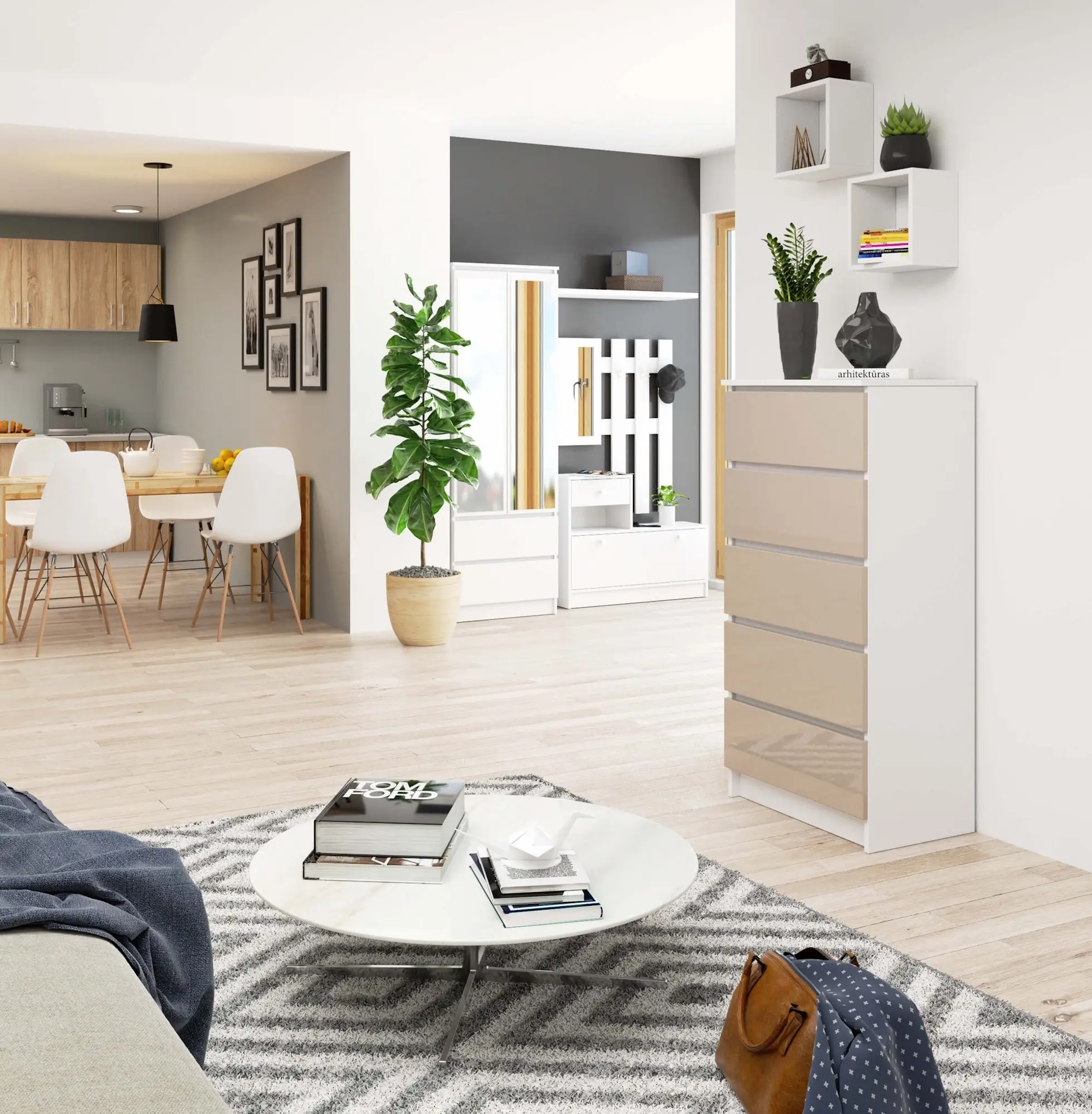 Comoda Akord K60 5SZ (White/Cappuccino Gloss)