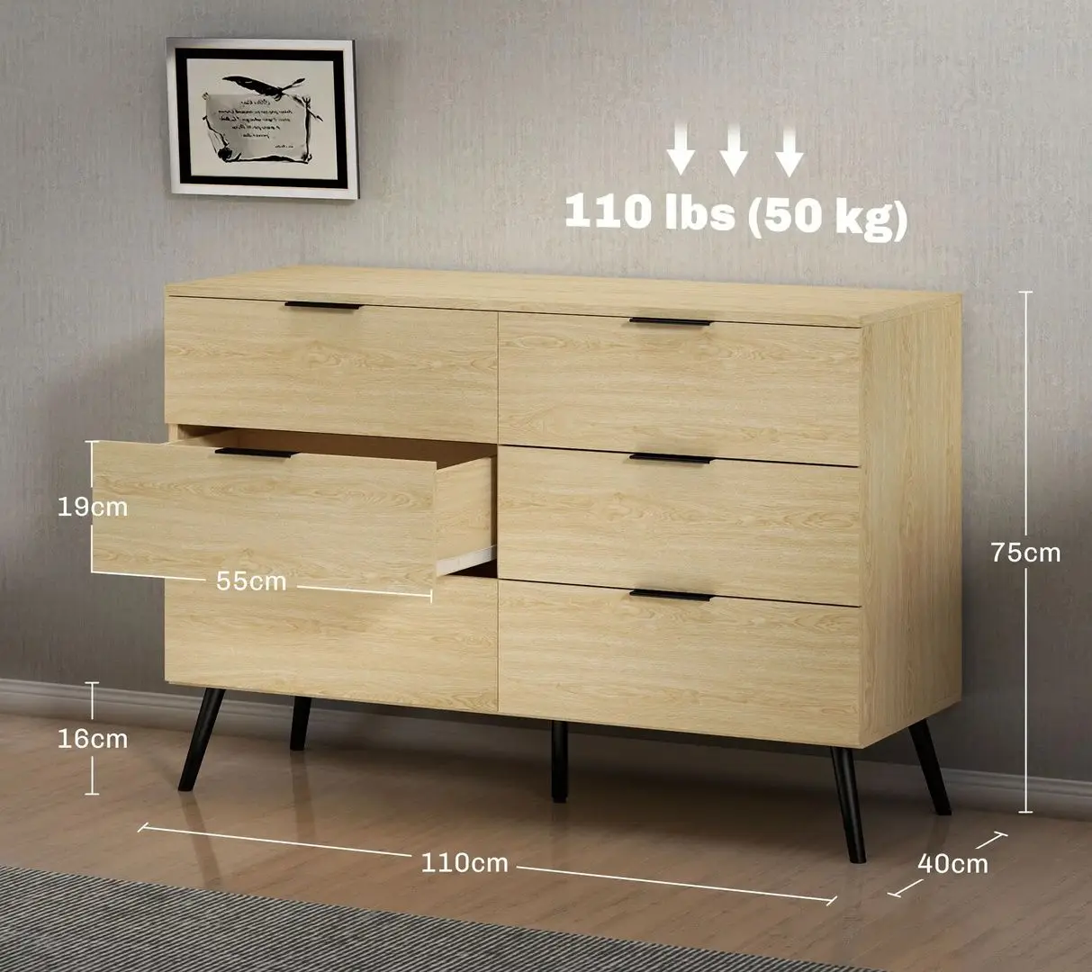 Comoda Homcom 831-785V00AK 110x40x75 cm (Natural Oak/Black) - 9