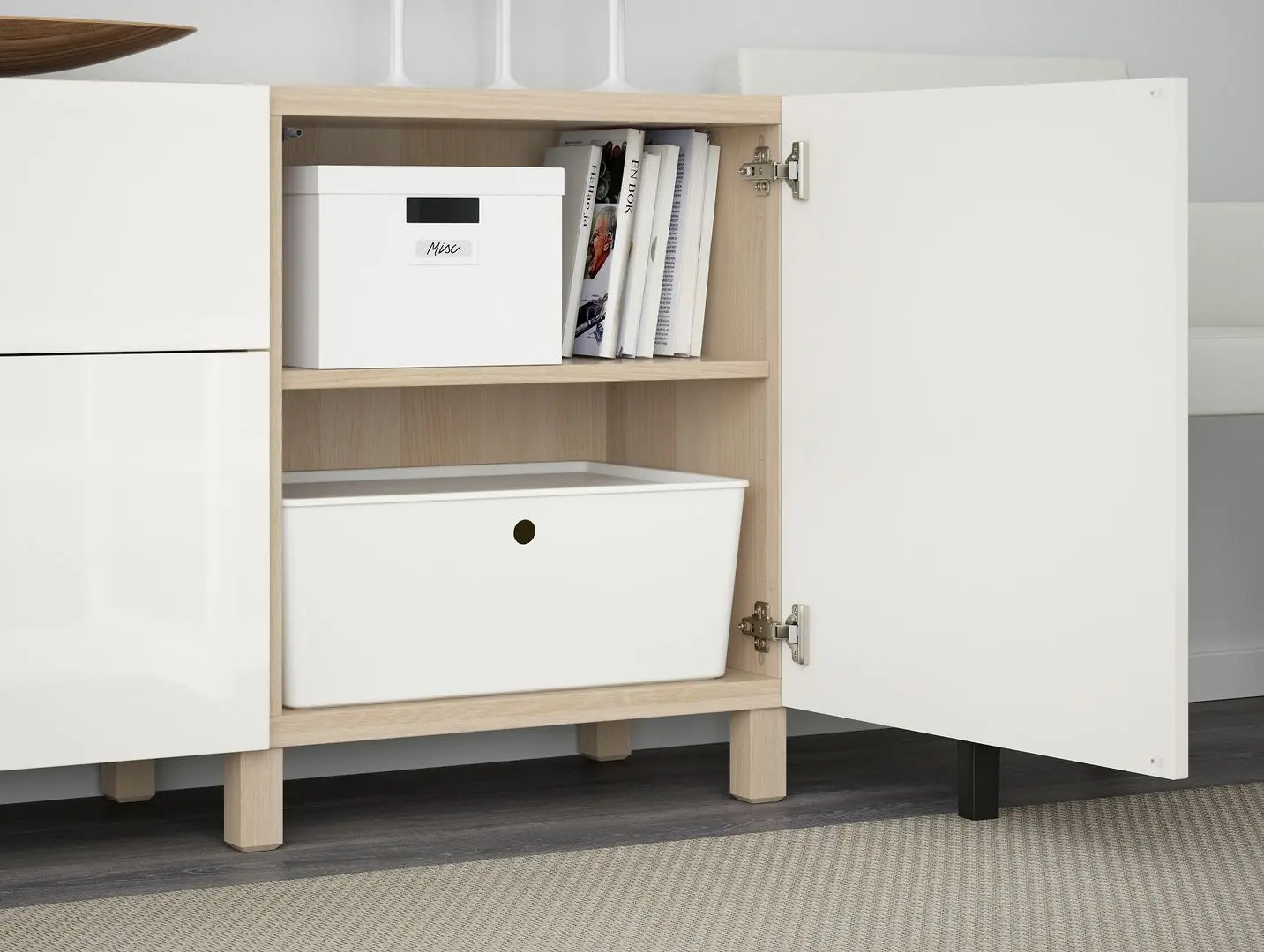Tumba Ikea Besta/Selsviken/Stubbarp glisiera sertar cu sistem apasare 180x42x74 (Aspect Stejar Antichizat/Alb Lucios)