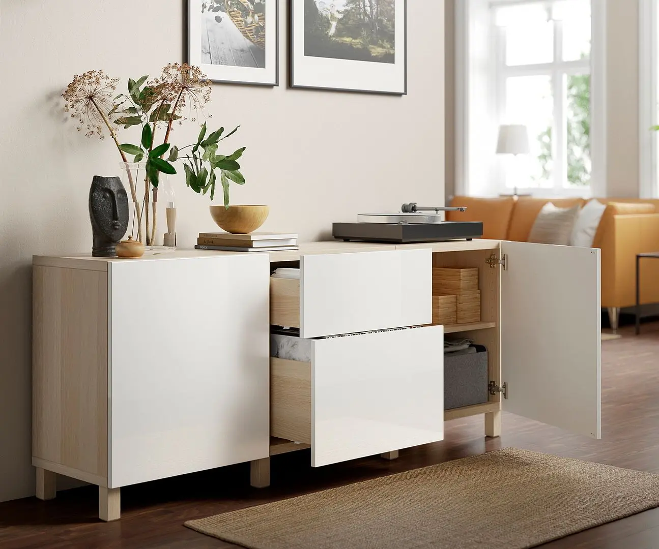 Tumba Ikea Besta/Selsviken/Stubbarp glisiera sertar cu sistem apasare 180x42x74 (Aspect Stejar Antichizat/Alb Lucios)