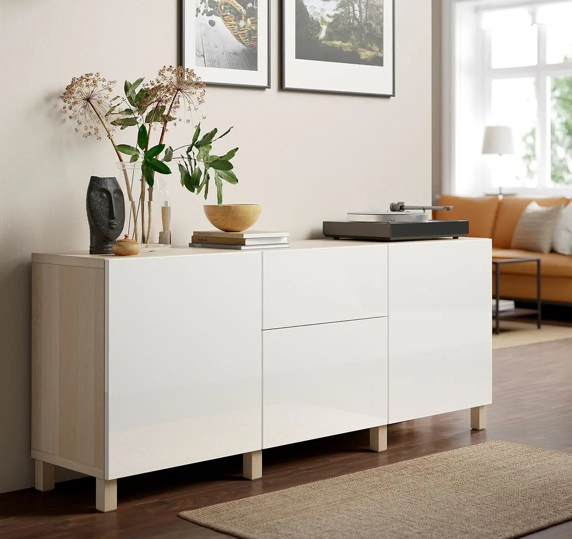 Tumba Ikea Besta/Selsviken/Stubbarp glisiera sertar cu sistem apasare 180x42x74 (Aspect Stejar Antichizat/Alb Lucios)