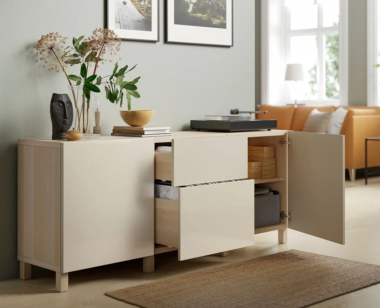 Tumba Ikea Besta/Selsviken/Stubbarp glisiera sertar cu sistem apasare 180x42x74 (Aspect stejar antichizat/Bej lucios) - 7