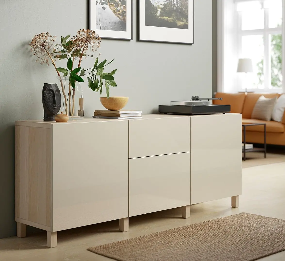 Tumba Ikea Besta/Selsviken/Stubbarp glisiera sertar cu sistem apasare 180x42x74 (Aspect stejar antichizat/Bej lucios)