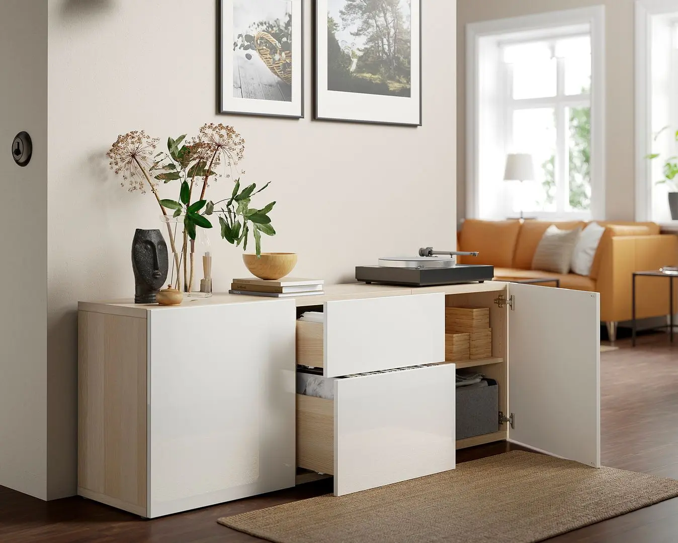 Tumba Ikea Besta/Selsviken sina sertar cu inchidere lina 180x42x65 (Aspect stejar antichizat/Alb lucios)