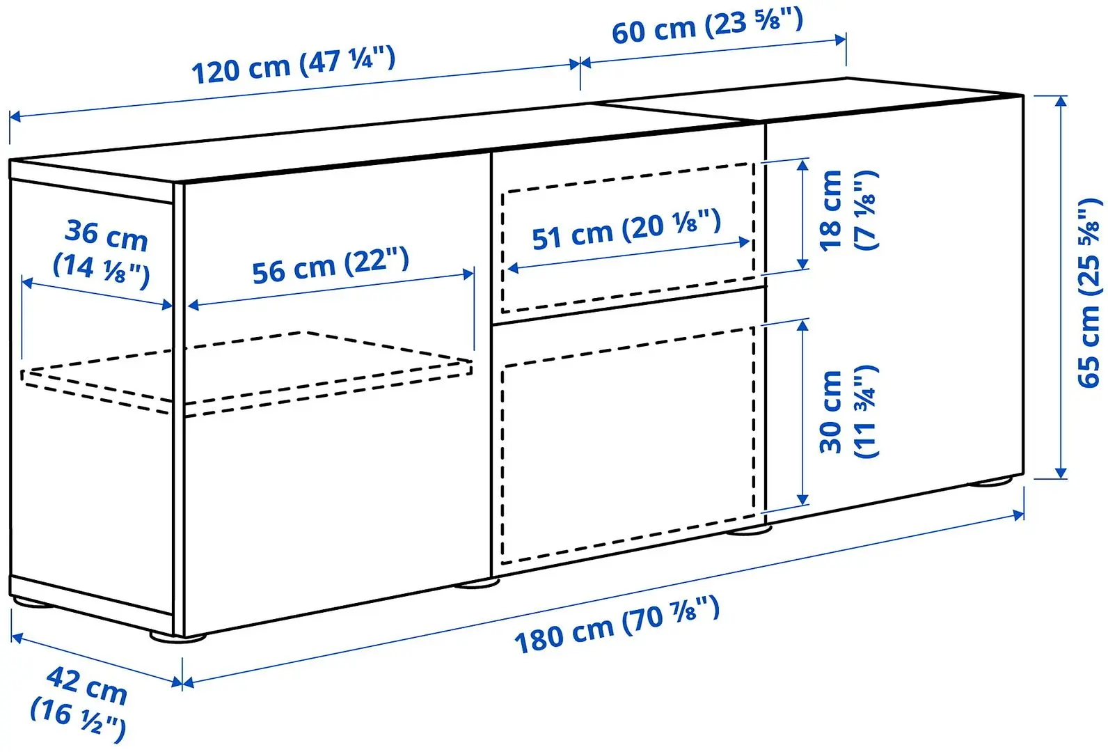Tumba Ikea Besta/Selsviken sina sertar cu inchidere lina 180x42x65 (Aspect stejar antichizat/Alb lucios)