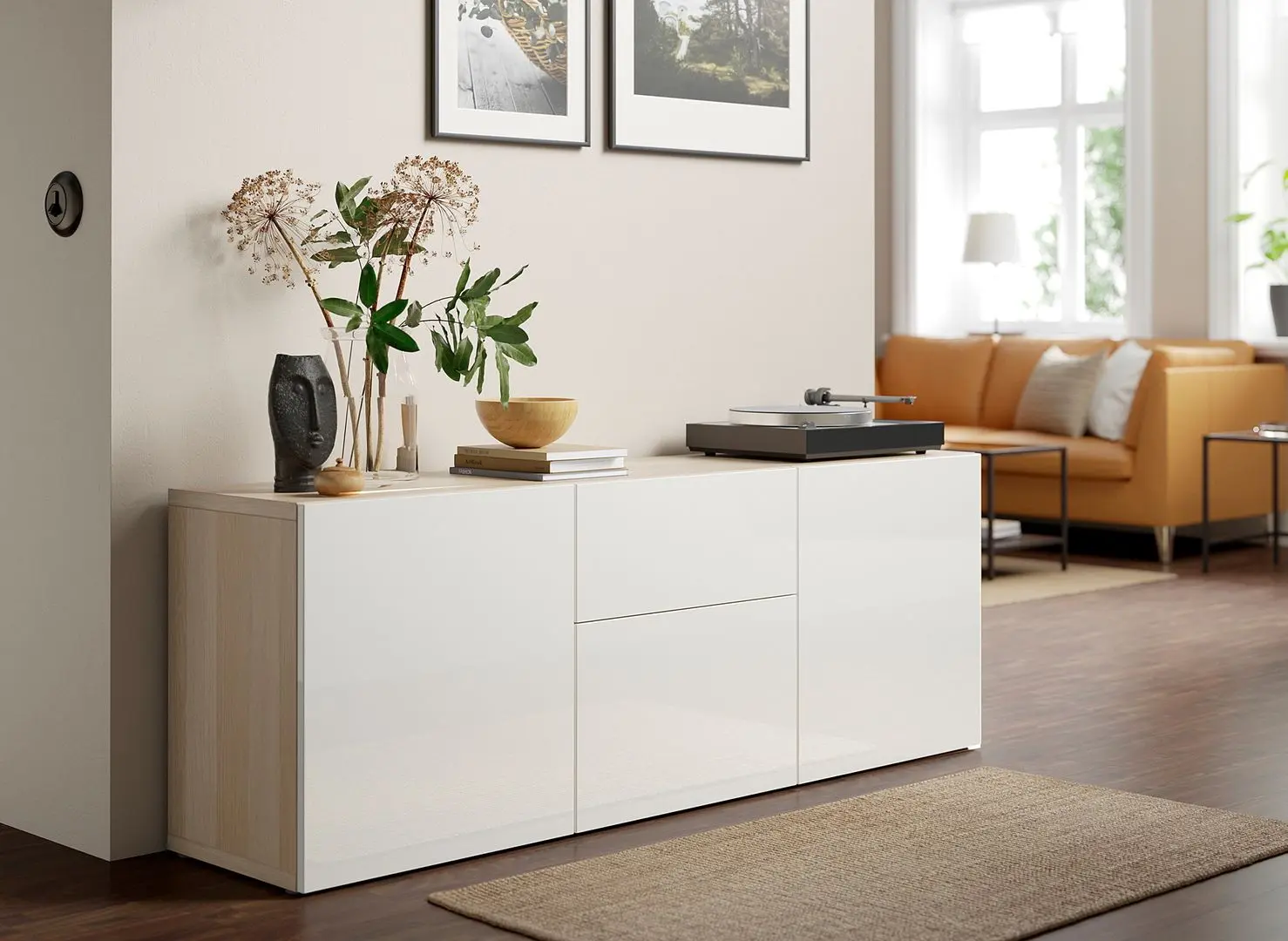 Tumba Ikea Besta/Selsviken sina sertar cu inchidere lina 180x42x65 (Aspect stejar antichizat/Alb lucios)