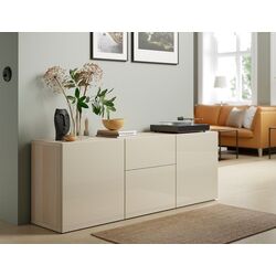 Tumba Ikea Besta/Selsviken sina sertar cu inchidere lina 180x42x65 (Aspect Stejar Antichizat/Bej lucios)