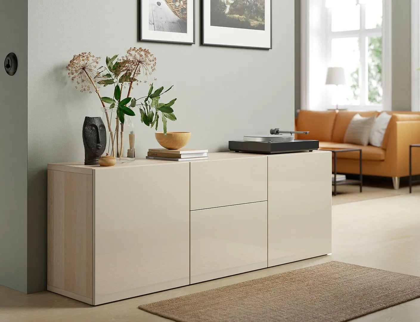 Tumba Ikea Besta/Selsviken sina sertar cu inchidere lina 180x42x65 (Aspect Stejar Antichizat/Bej lucios)