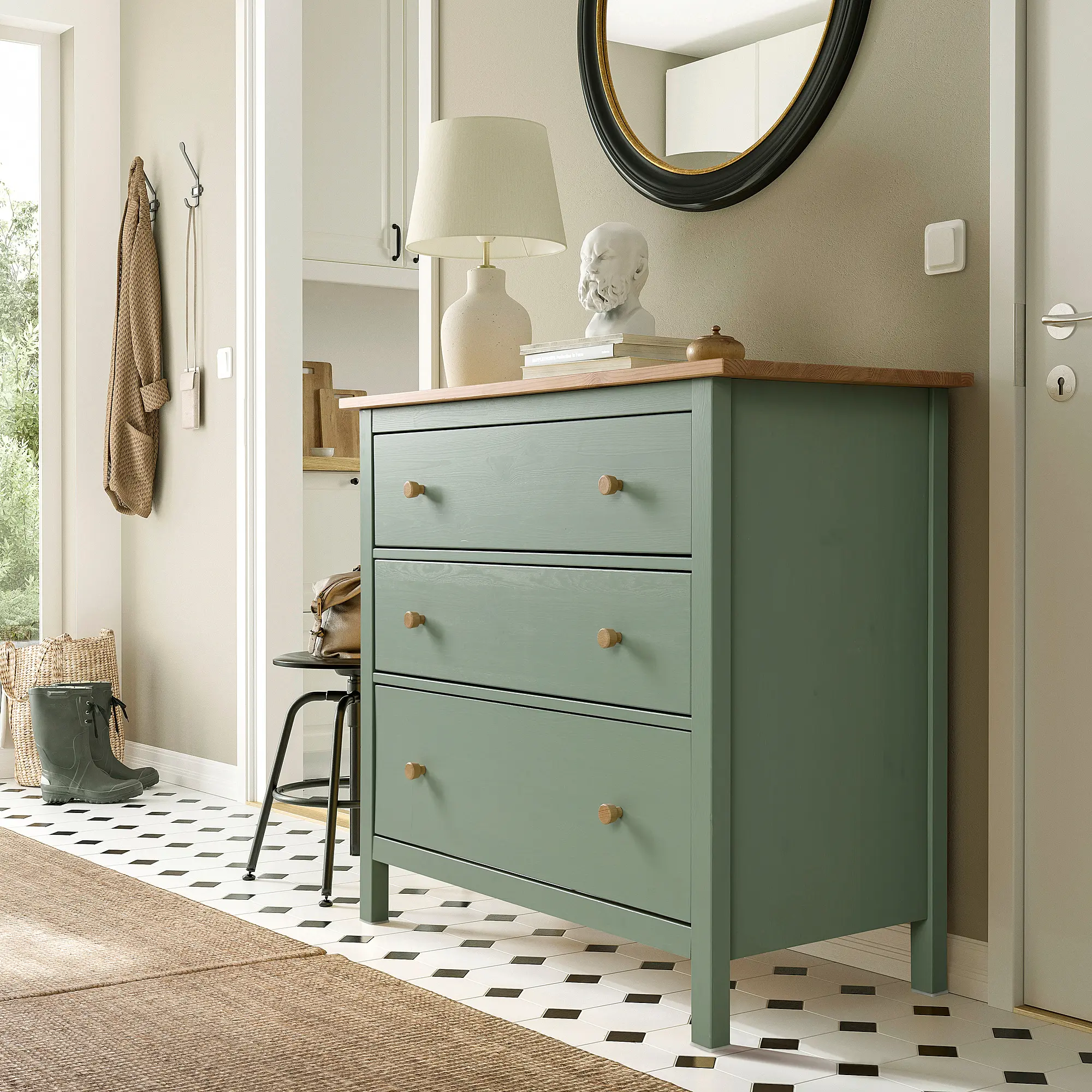 Comoda Ikea Hemnes 3 sertare 108x96 (Gri-verde/Maro deschis)