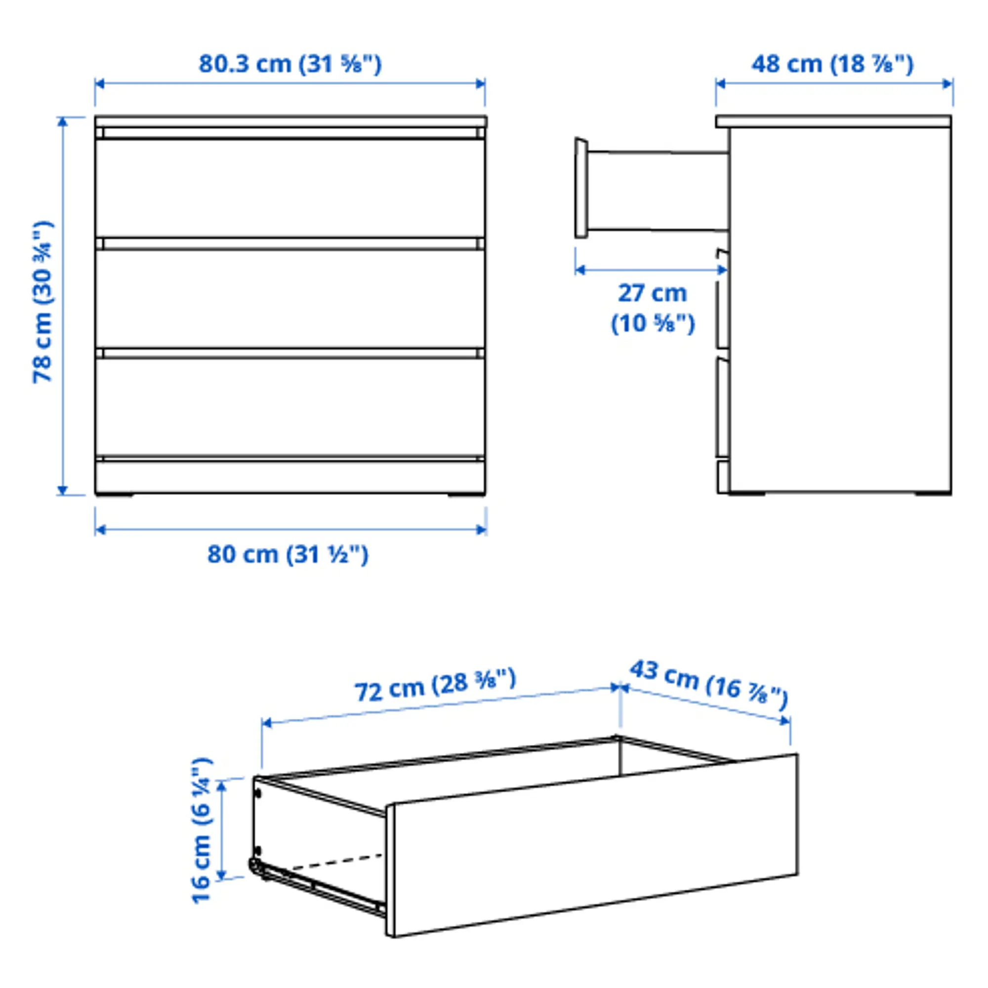 Comoda Ikea Malm 3 sertare 80x78 (Portocaliu deschis/Lucios)