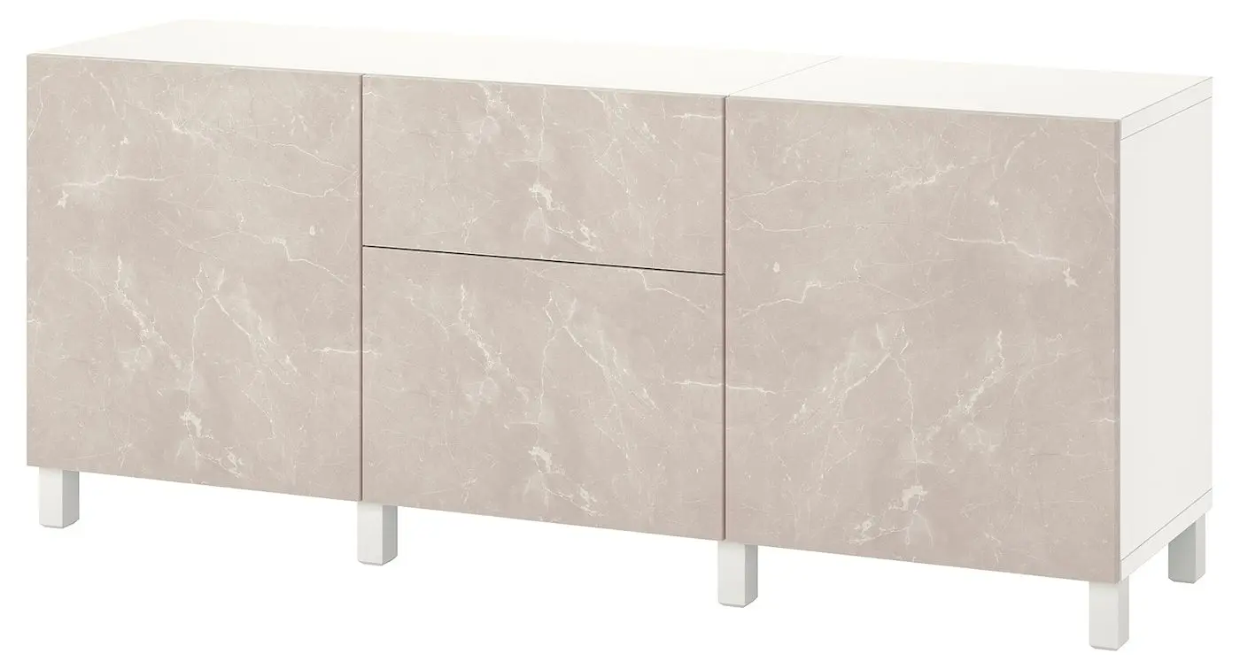 Tumba Ikea Besta/Bergsviken/Stubbarp glisiera sertar cu sistem apasare 180x42x74 (Alb/Marmura bej)