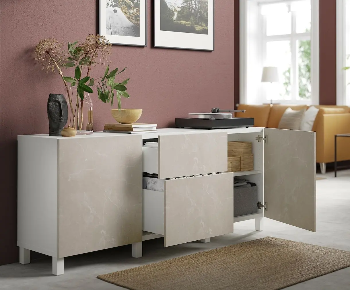 Tumba Ikea Besta/Bergsviken/Stubbarp glisiera sertar cu sistem apasare 180x42x74 (Alb/Marmura bej)