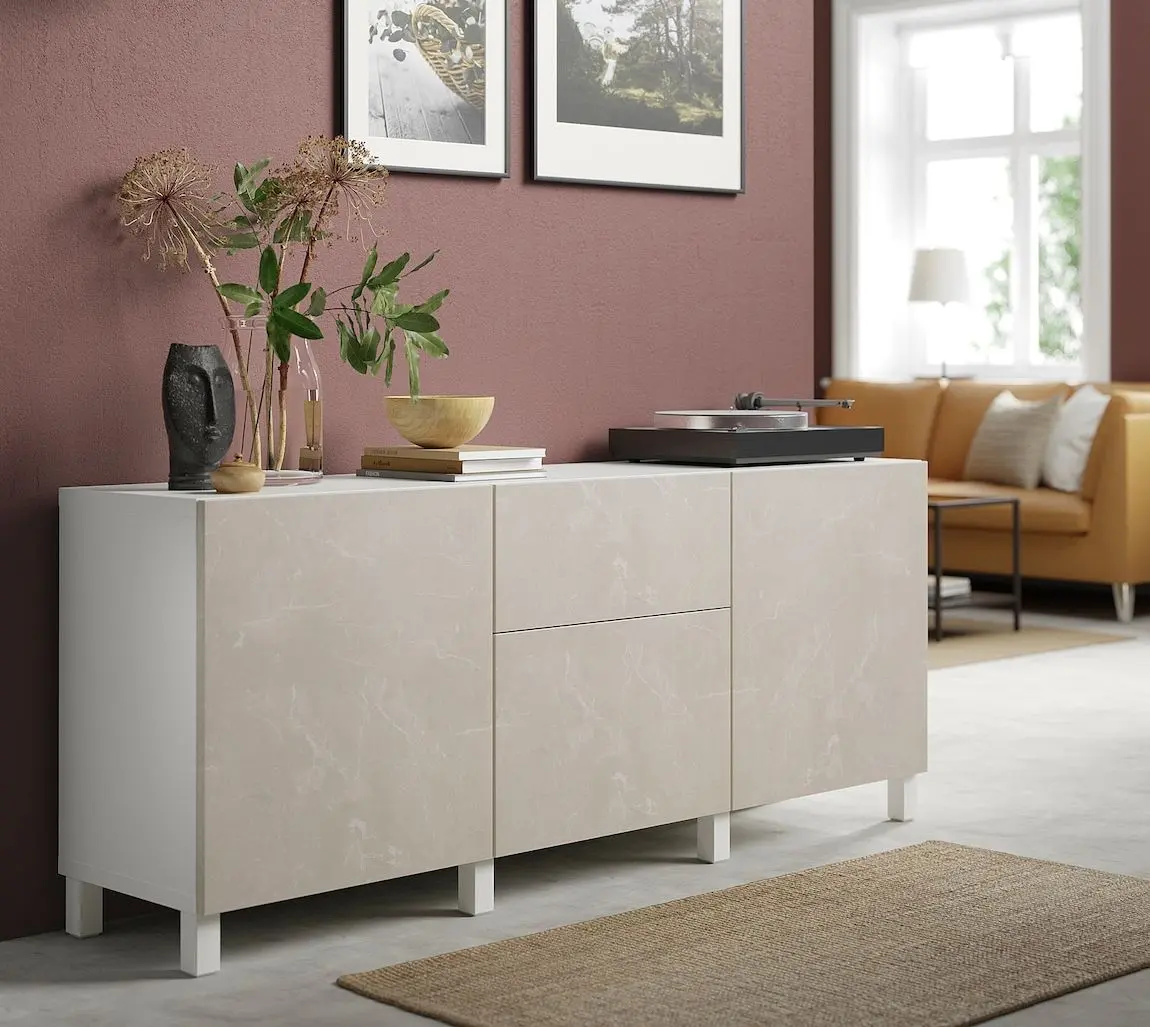 Tumba Ikea Besta/Bergsviken/Stubbarp glisiera sertar cu sistem apasare 180x42x74 (Alb/Marmura bej)