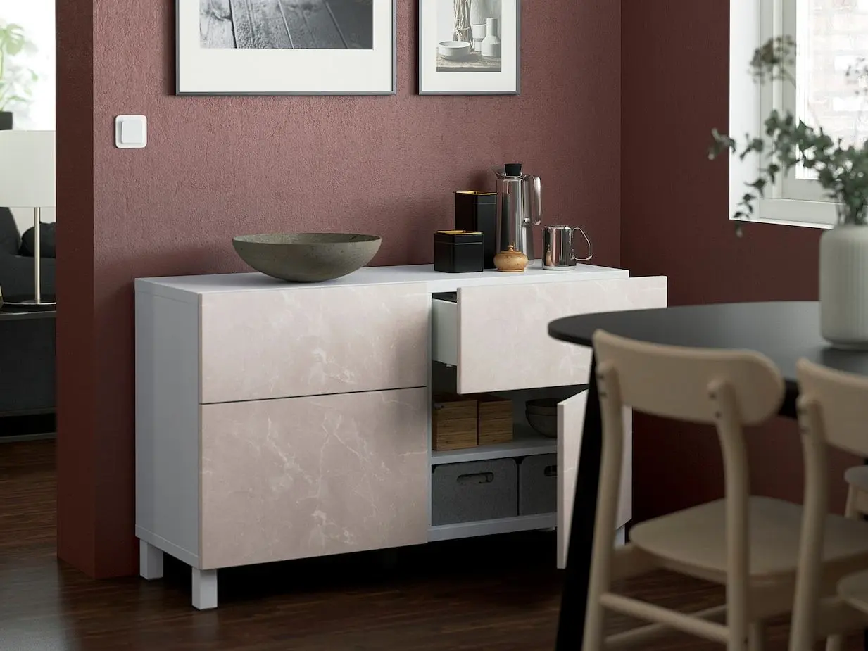 Tumba Ikea Besta/Bergsviken/Stubbarp sina sertar cu inchidere lina 120x42x74 (Alb/Marmura bej) - 5