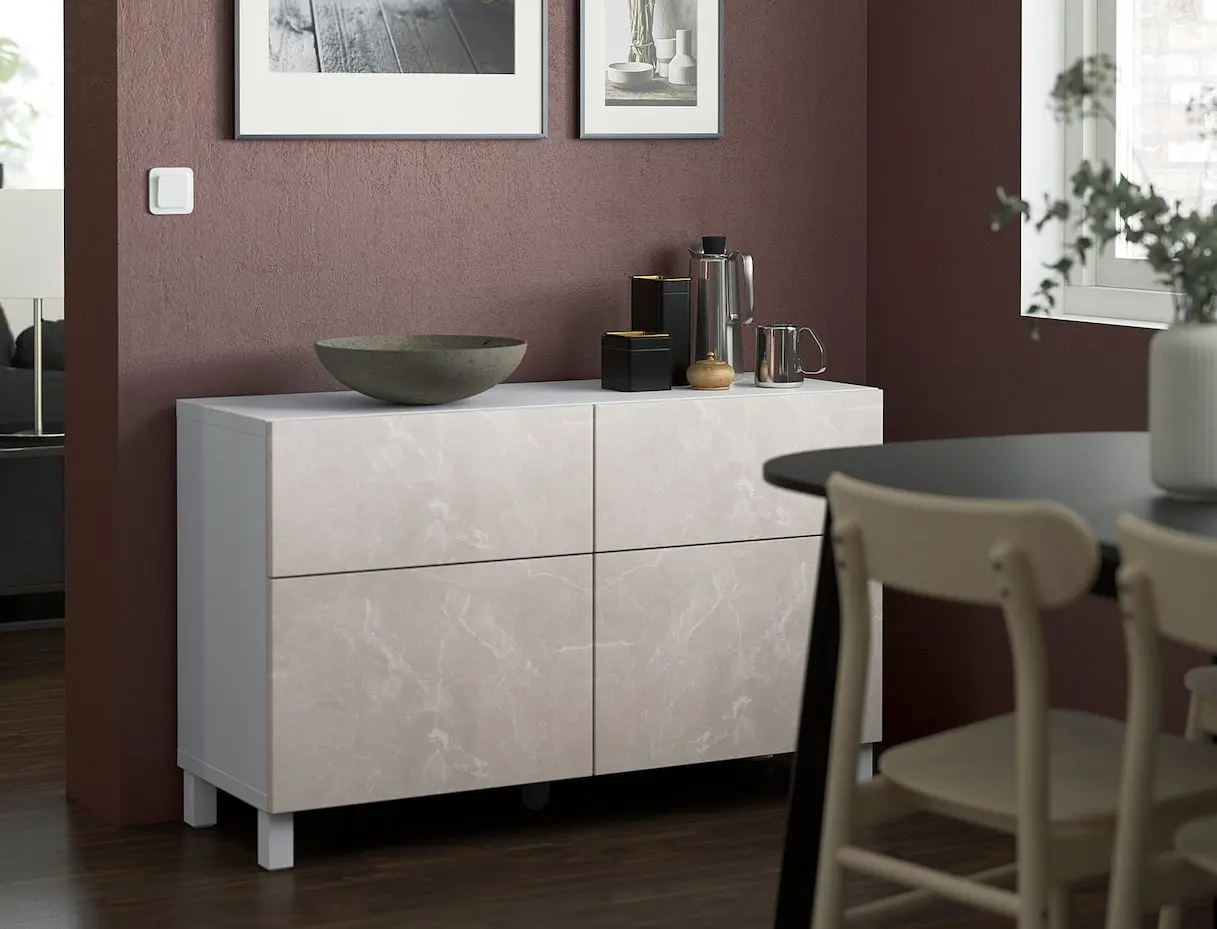 Tumba Ikea Besta/Bergsviken/Stubbarp sina sertar cu inchidere lina 120x42x74 (Alb/Marmura bej)