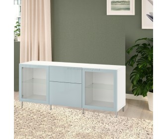 Буфет Ikea Besta дверцы/ящики/нажимные направляющие 180x42x74 (Белый Сельсвикен/Осарп/Светло-серо-голубой)