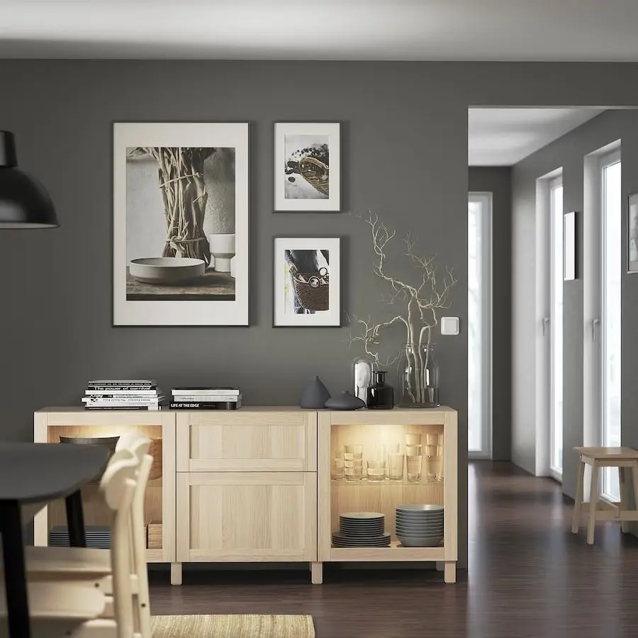 Bufet Ikea Besta usi/sertare/sticla transparenta 180x42x74 (Hanviken/Sindvik/Stubbarp Aspect Stejar Alb)