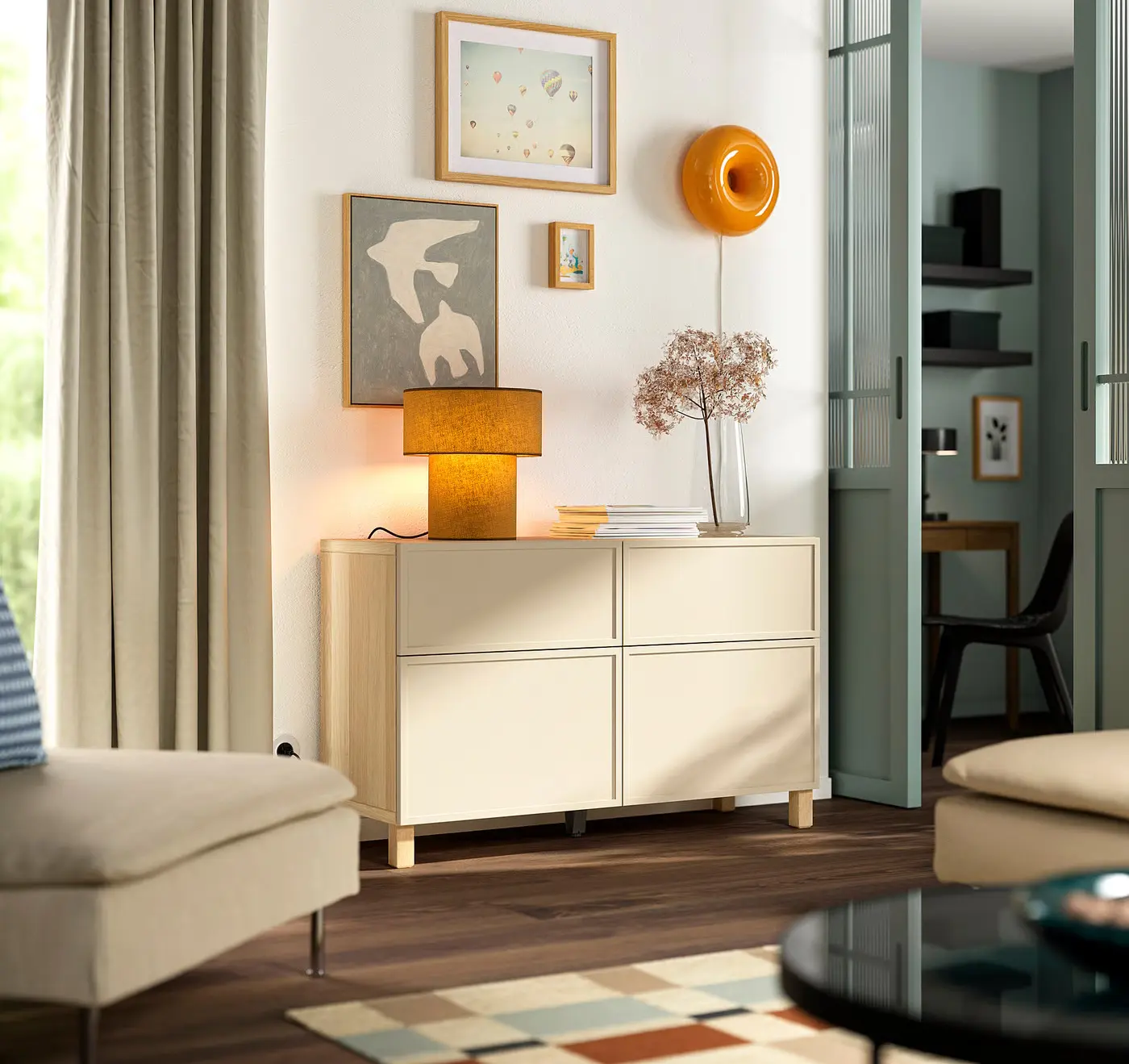 Тумба Ikea Besta/Krukmakare дверцы/ящики 120x42x74 (Бежевый/Имитация Состаренного Дуба) - 2