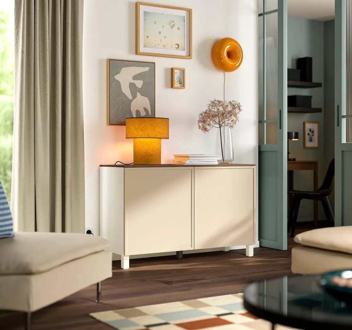 Tumba Ikea Besta/Krukmakare cu usi 120x42x75 (Bej/Alb/Aspect Nuc)