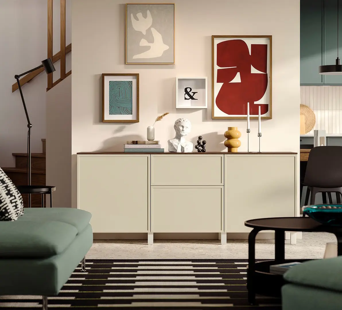 Tumba Ikea Besta/Krukmakare cu sertare 180x42x74 (Bej/Alb/Aspect Nuc)