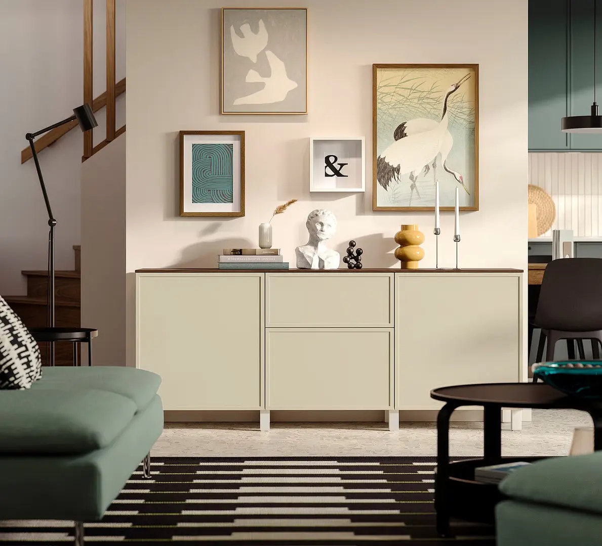 Тумба Ikea Besta/Krukmakare с ящиками 180x42x75 (Бежевый/Белый/Под Орех)