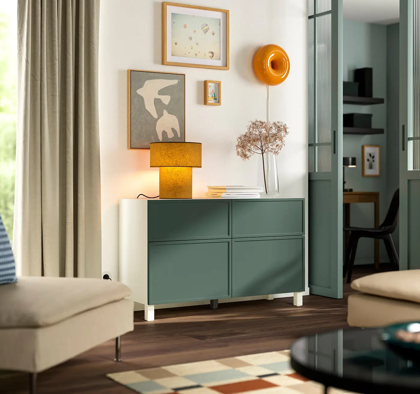 Tumba Ikea Besta/Krukmakare/Stubbarp usi/sertare 120x42x74 (Gri-Verde Inchis/Alb) - 2