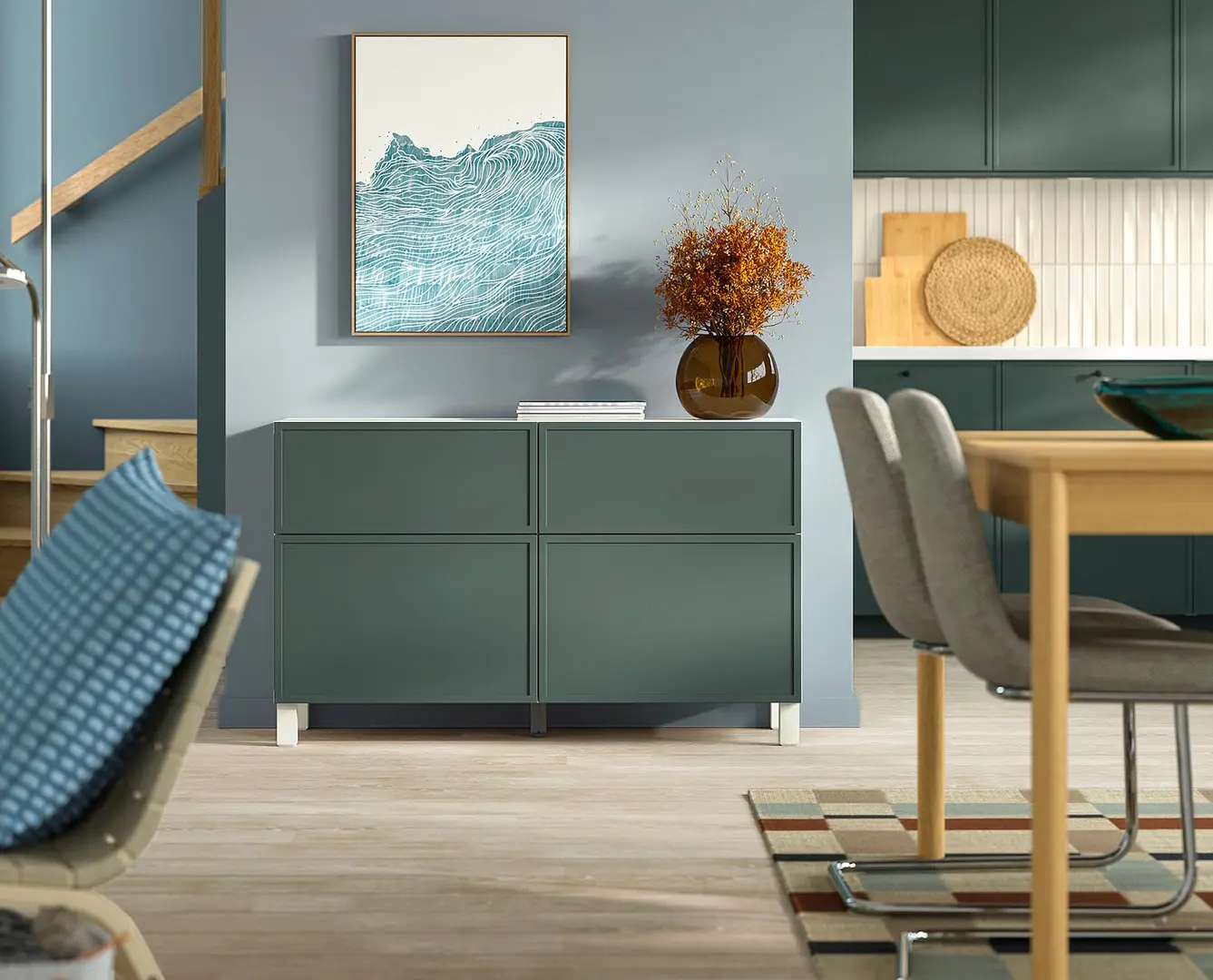 Tumba Ikea Besta/Krukmakare/Stubbarp usi/sertare 120x42x74 (Gri-Verde Inchis/Alb)