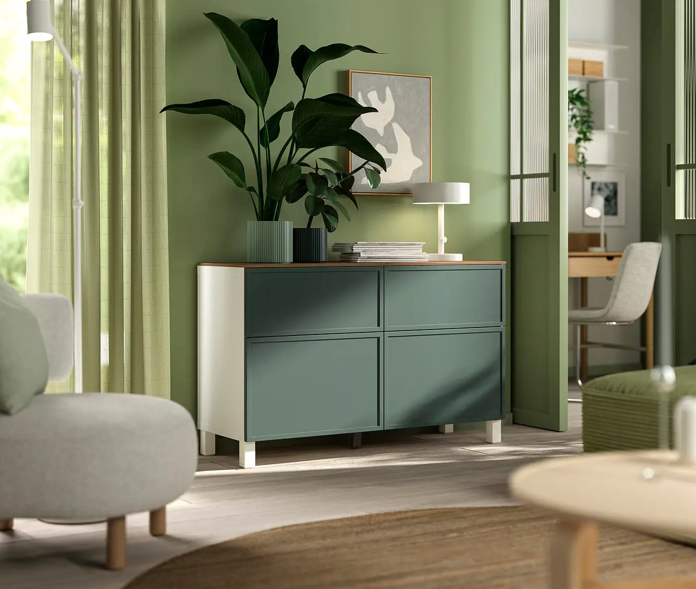 Tumba Ikea Besta/Krukmakare/Stubbarp usi/sertare 120x42x75 (Gri-Verde Inchis/Alb/Aspect Nuc) - 3