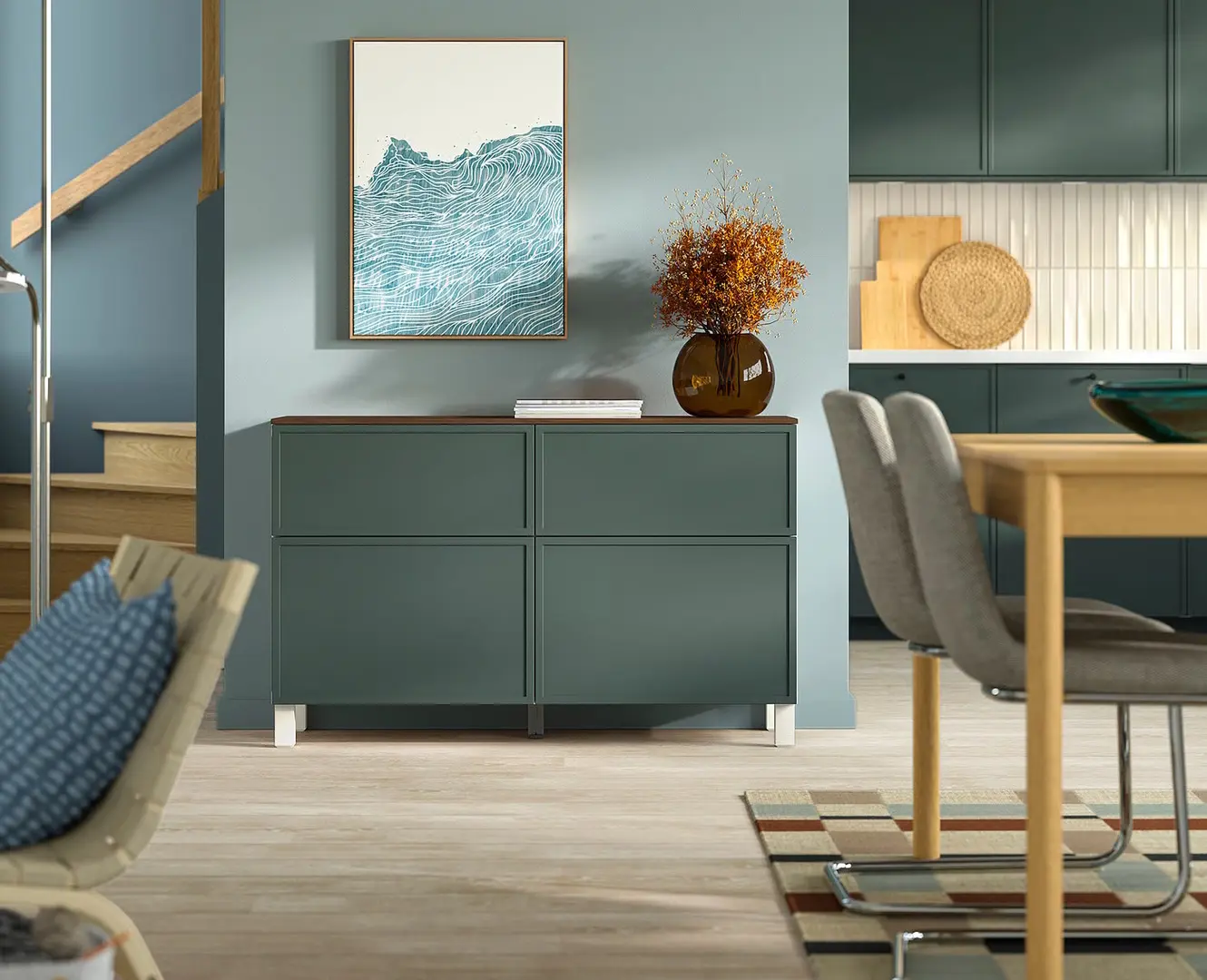 Tumba Ikea Besta/Krukmakare/Stubbarp usi/sertare 120x42x75 (Gri-Verde Inchis/Alb/Aspect Nuc)