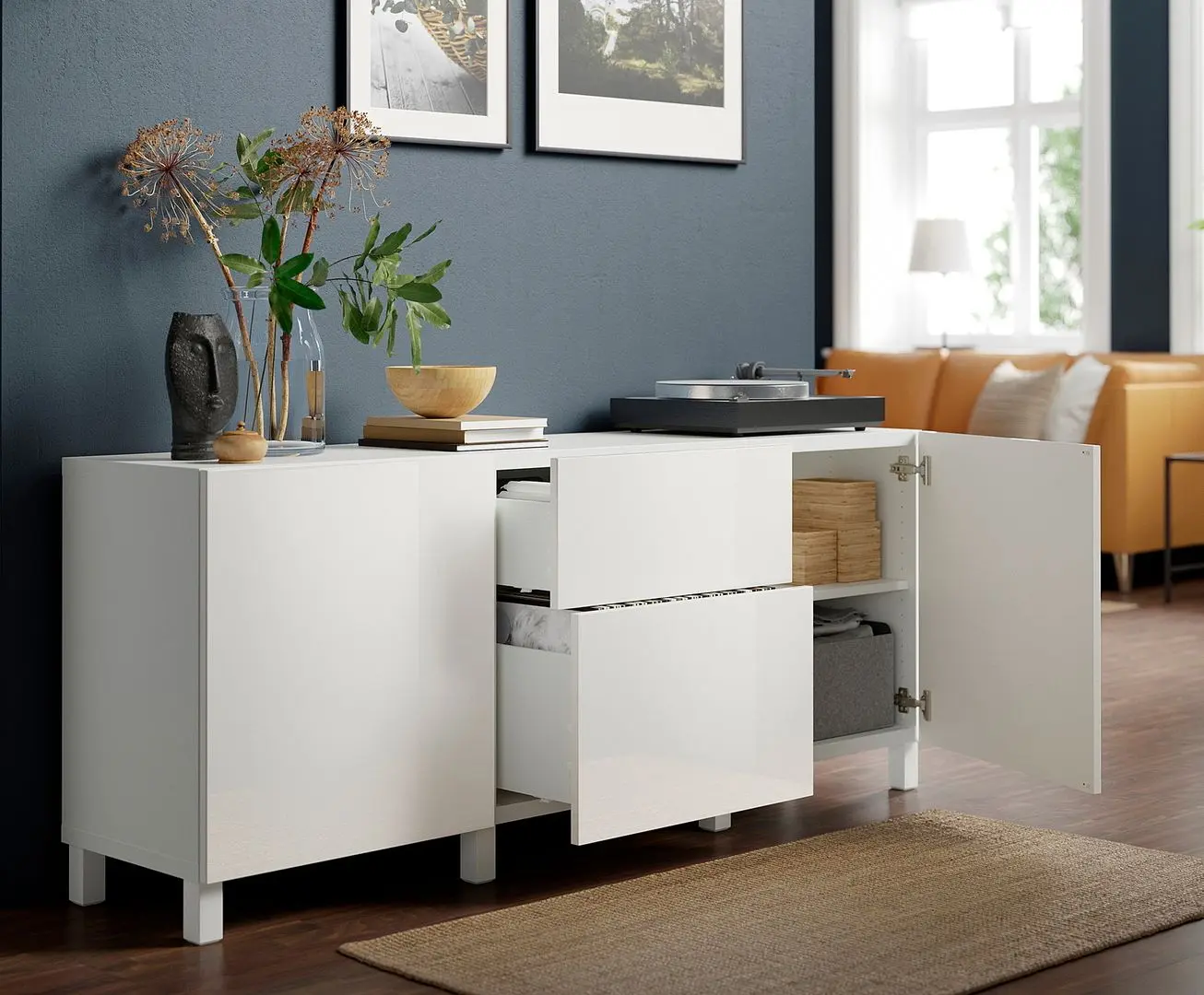 Тумба Ikea Besta/Selsviken/Stubbarp ящик с плавно-закрывающимися направляющими 180x42x74 (Белый/Глянцевый белый) - 6