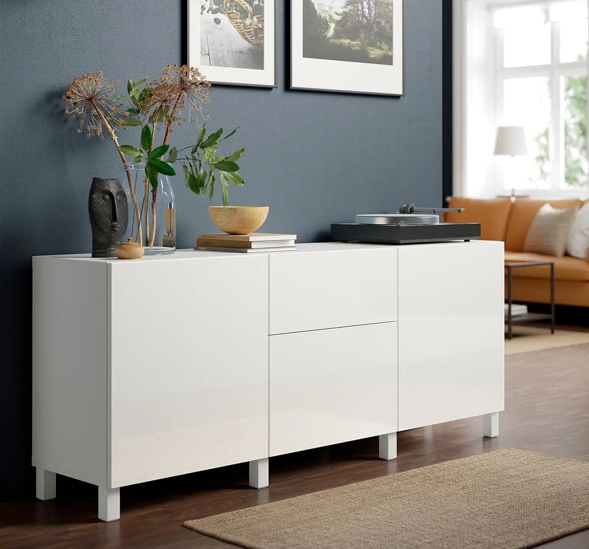 Тумба Ikea Besta/Selsviken/Stubbarp ящик с плавно-закрывающимися направляющими 180x42x74 (Белый/Глянцевый белый)
