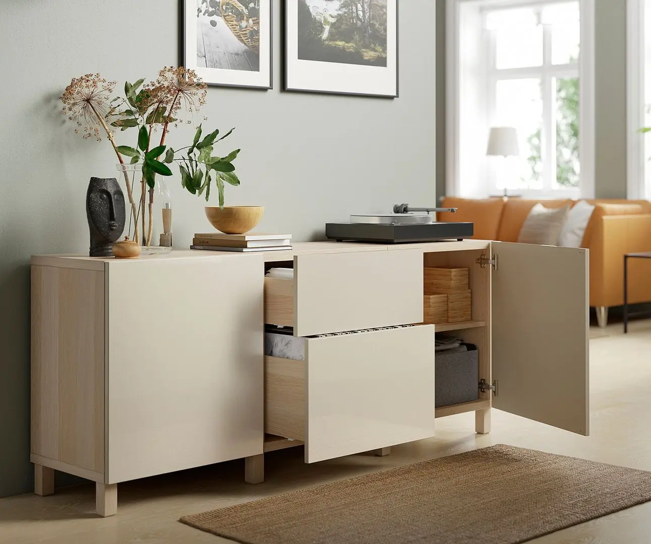 Tumba Ikea Besta/Selsviken/Stubbarp sina sertar cu inchidere lina 180x42x74 (Aspect stejar antichizat/Bej lucios) - 6